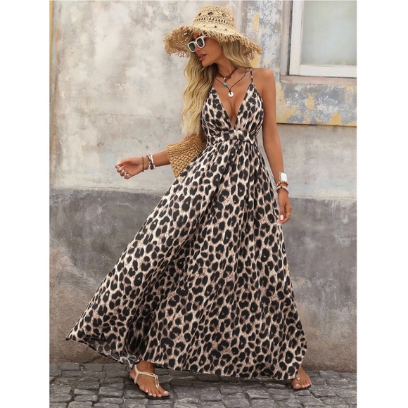 Backless Cheetah Maxi Dress Criss Cross V-Neck - Picture 6 of 16